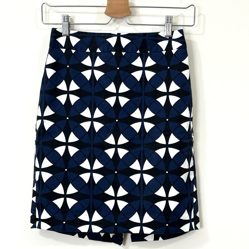 ANN TAYLOR Petite Pencil Skirt 00P Blue White Black Geo Print Cotton Blend Lined
